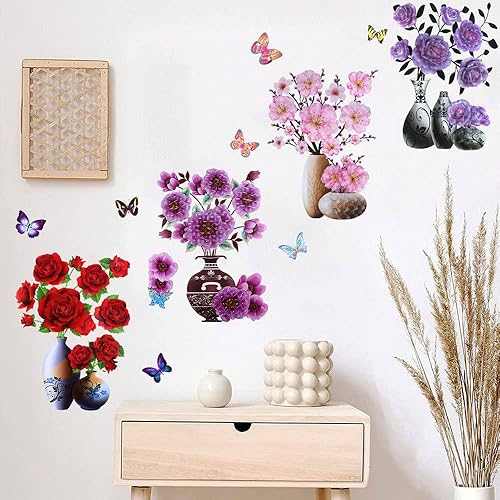 Miniatura 7 de Supzone Calcomanías de pared de jarrón 3D, calcomanía de flores estéreo, decoración floral de superposición roja, arte extraíble e impermeable para