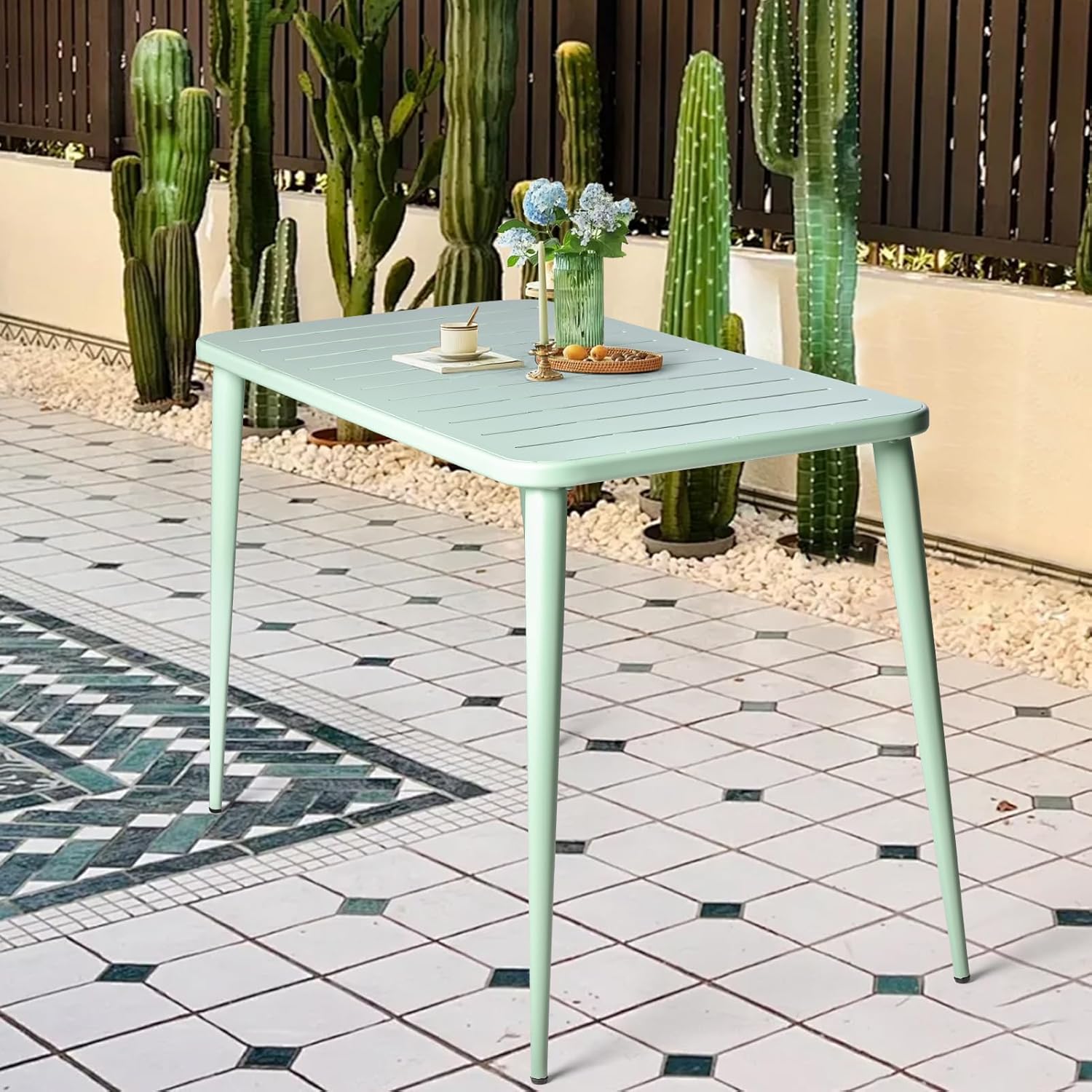 Modern Rectangle Metal Patio Dining Table for 6 People for Outdoor&Indoor Home Cafe Bar Table Office Computer Meeting Desk Lawn Backyard Balcony 47.2" Lx23.6 Wx30 H (Pea Green)