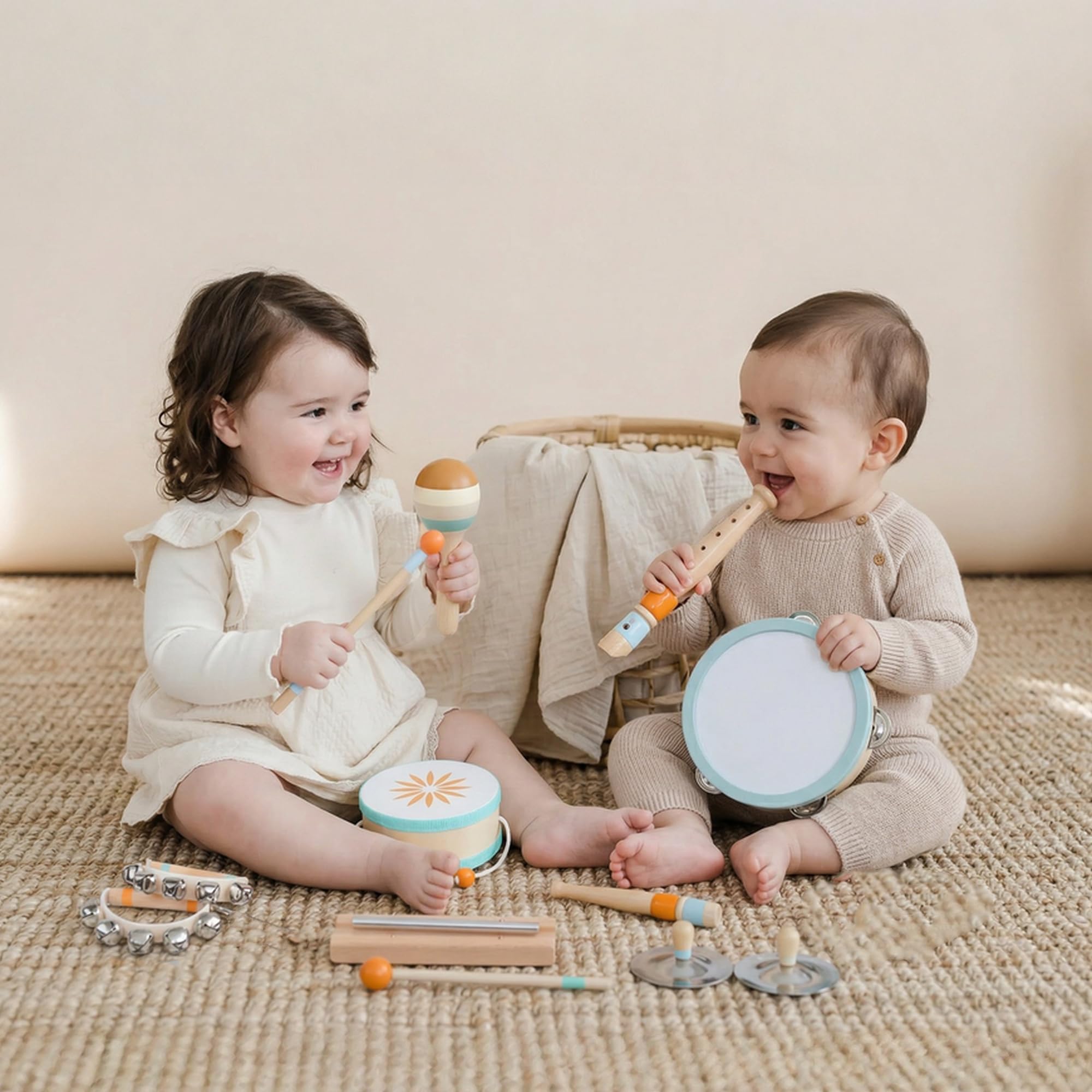 AIYAPLAY Instrumentos Musicales Infantiles 10 Piezas Madera Montessori | Set de Percusión con Pandereta y Maracas, Regalo para Niños y Niñas de+ 3 Años, para Cumpleaños