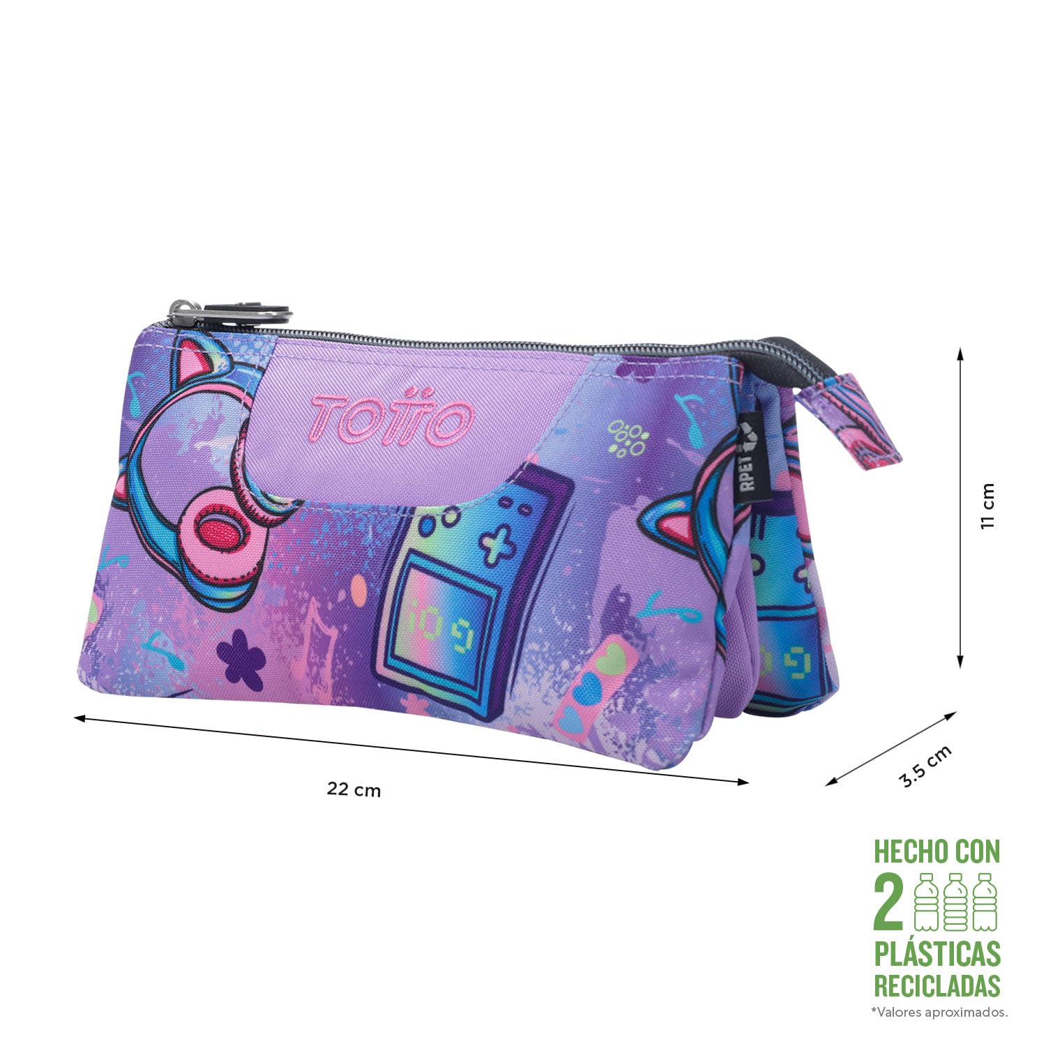 TOTTO - Estuche Escolar 3 Compartimentos, Modelo Tablero, Estuche Grande, Dimensiones 22 x 11 x 3.5 cm, Una Cremallera, Tejido Resistente y Repelente a Líquidos, Estampado Meowsical