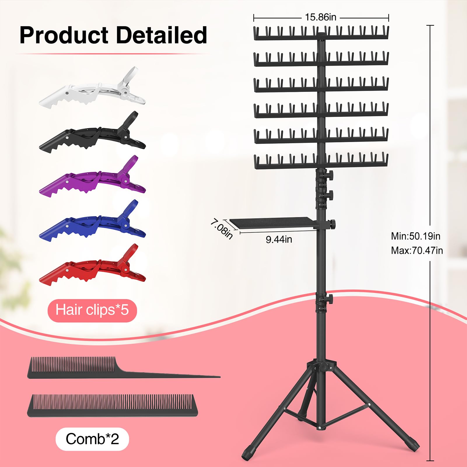 Hemndic Braiding Hair Rack with Tray, 144 Pegs, Adjustable Stand