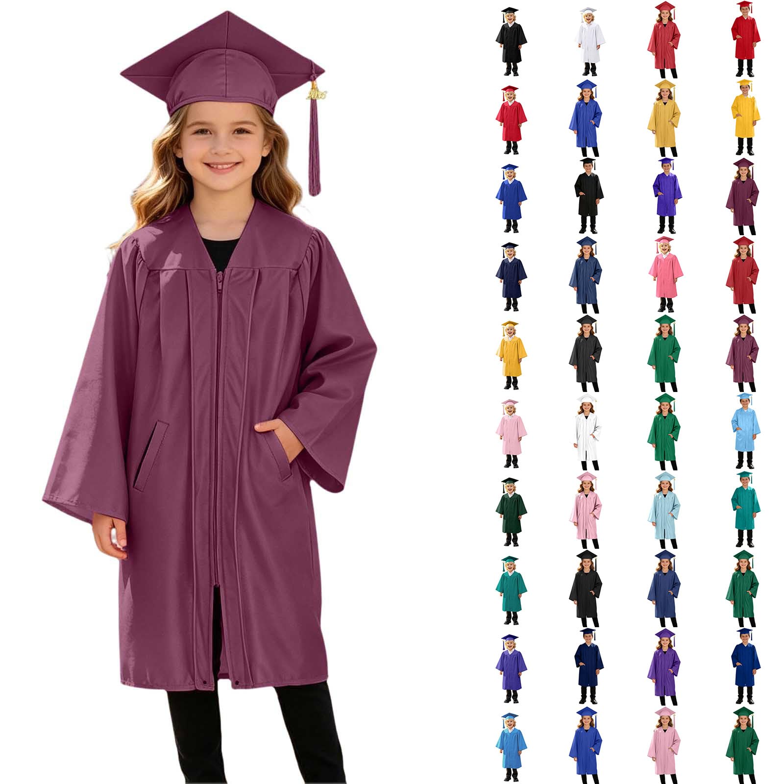 3 Piece Graduation Set for Kids, Gown, Cap, Gold 2026 Tassel, Unisex Boys Girls Preschool Kindergarten Primary School Graduation Gown and Cap Dress Up Props Costume, 35-Wine