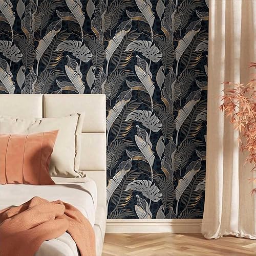 Miniatura 2 de Papel tapiz autoadhesivo de hojas de palmera dorada/negra de 18 x 236 pulgadas, papel de contacto extraíble, papel de pared fácil de despegar para