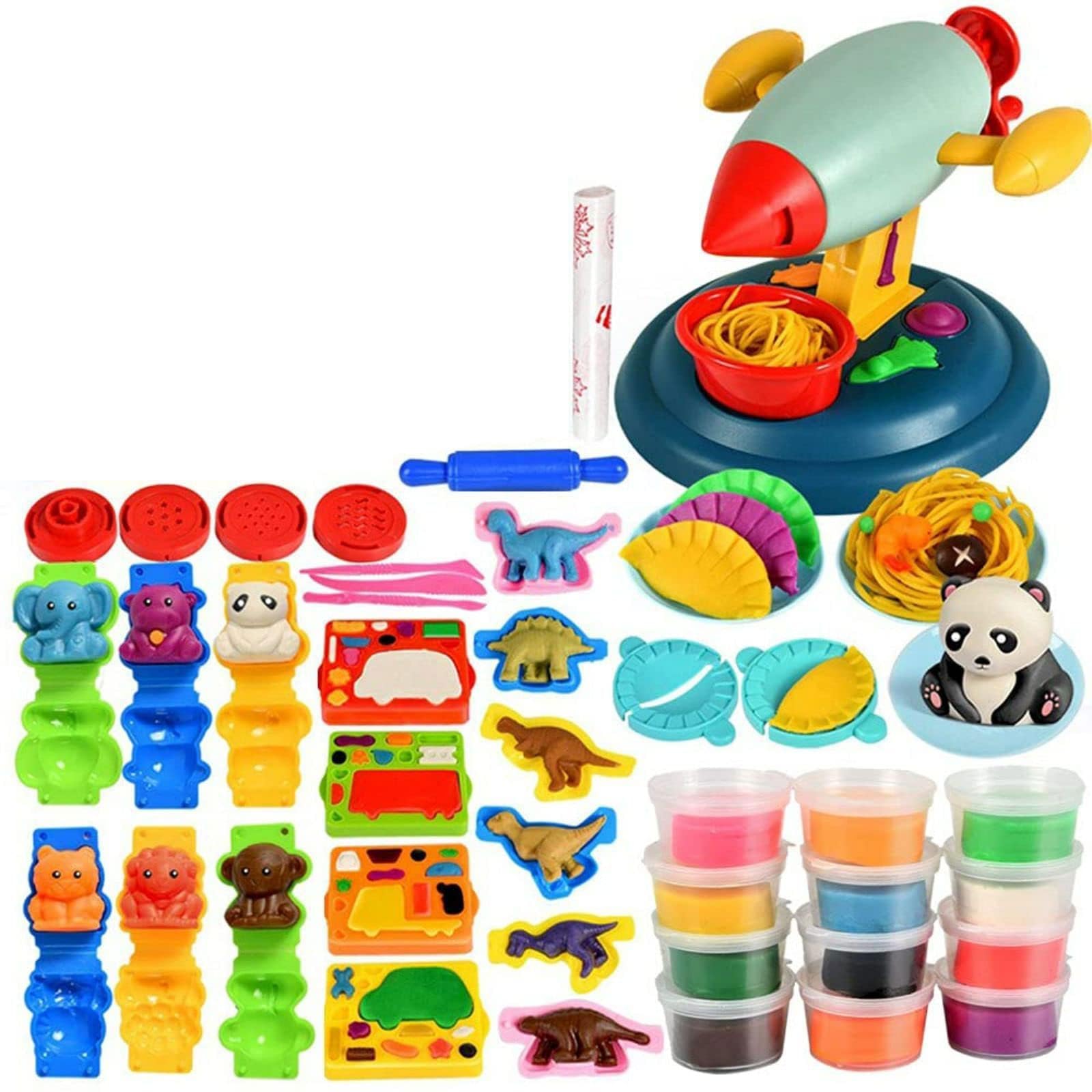 Rocket Noodle Playdough Toy Set, 47pcs Playdough Sets for Kids, Play Dough for Kids, Pretend Play Toy Kit with Molds and 12 Boxes of Dough, Dough Maker, Noodles Maker Gift for Kids