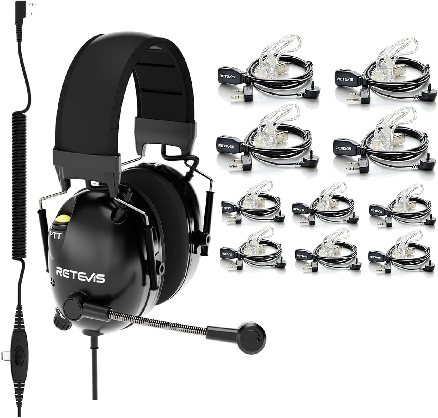 Retevis Walkie Talkies Earpiece with Mic 2 Pin(10 Pack) Bundle with ANC Noise Cancelling 2 Way Radio Headset(1 Pack), Overhead