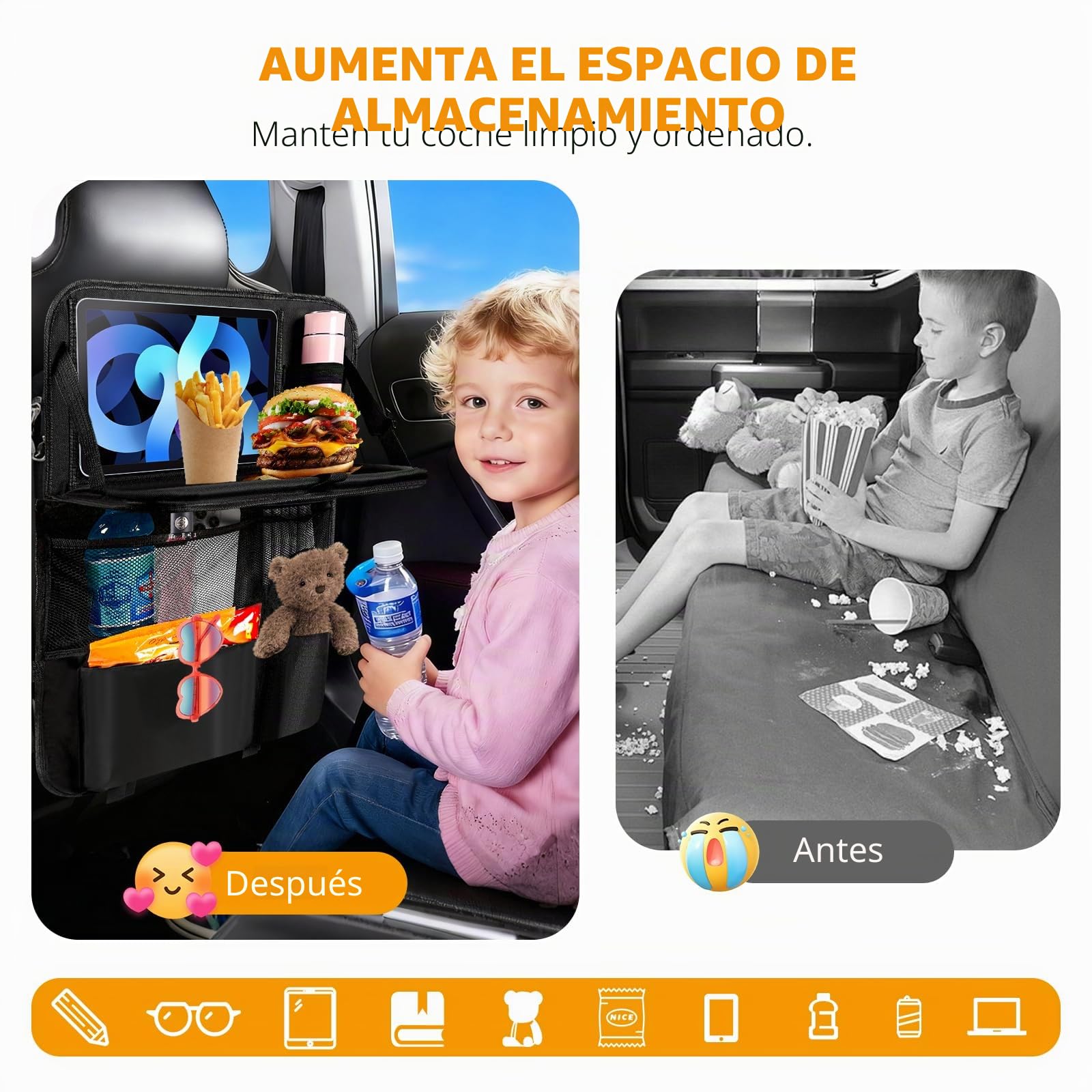 Organizador Asiento Coche con Mesa Plegable, Organizador Coche Niños con Bolsillo & Funda para Tablet, Protector Impermeable Respaldo Asiento, Para Viajes Familiares y Almacenamiento Juguetes