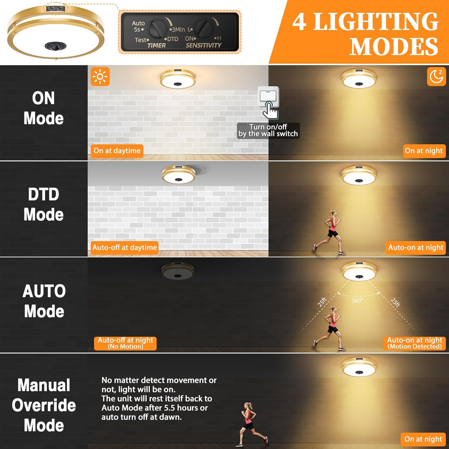 24W LED Motion Sensor Outdoor Ceiling Light, 12IN 2700K/3000K/3500K/4000K/5000K Adjustable Ceiling Lights, Dusk to Dawn Flush Mount LED Ceiling Light Fixture for Porch, Garage, Gold