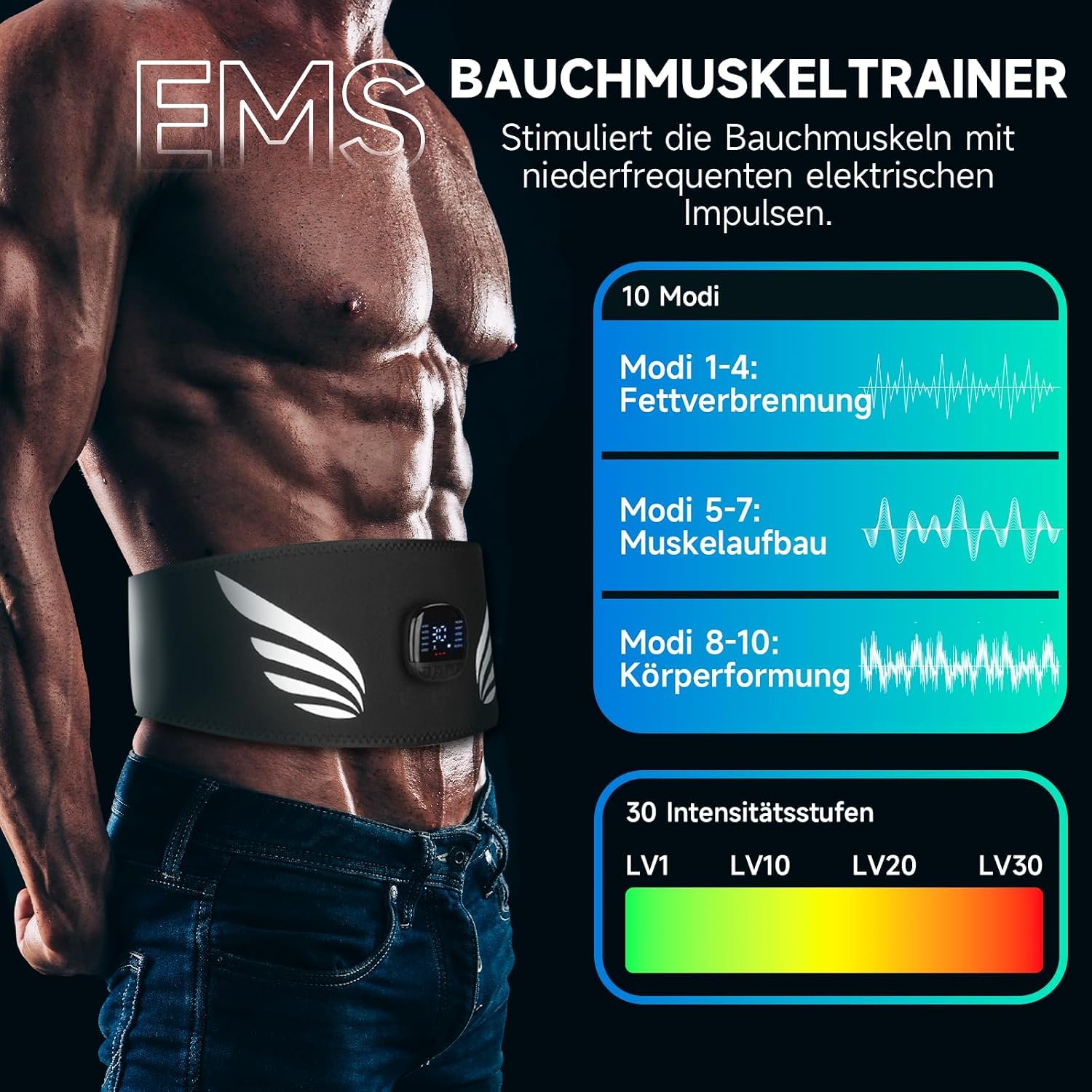 EMS Bauchmuskeltrainer, 10 Modi, 30 Stufen, LED, USB-aufladbar