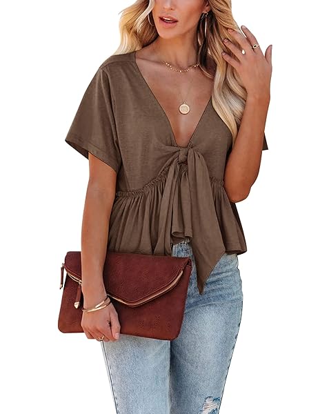 Women's Short Sleeve V Neck Blouses Ruffle Hem Tie Front Crop Tops Lightweight Basi...