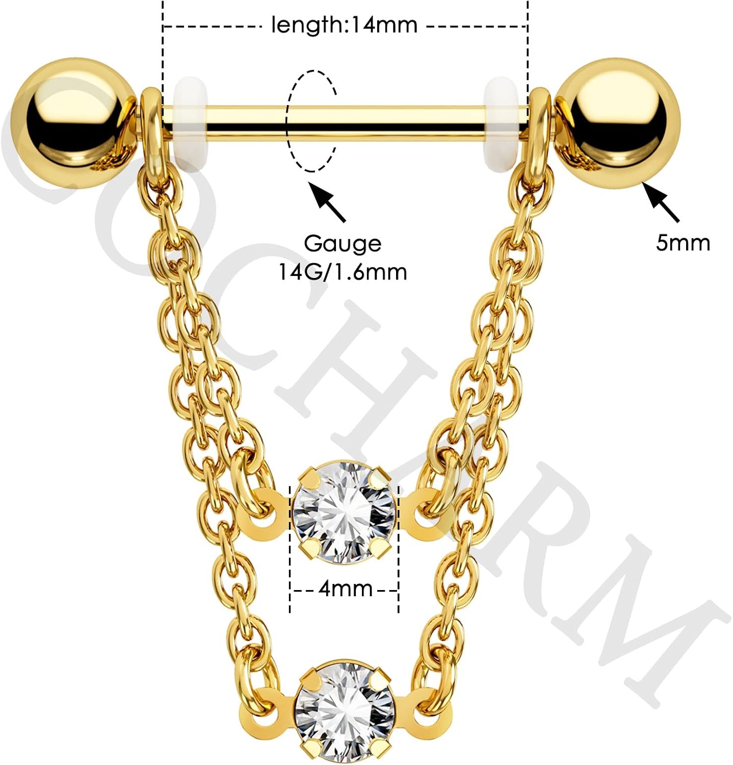 Cocharm 14g Double Chain Nipple Rings Silver & Gold - 316L Stainless Steel Piercing Jewelry For Women