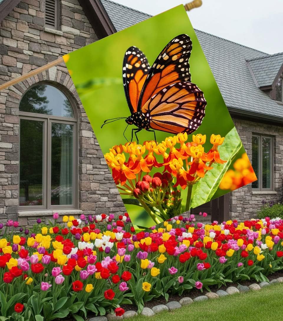 Butterfly Insects in On Orange Floral Flowers Spring Summer Natural Seasonal House Flag 28 x 40 Inch, Double Sided Large Garden Yard Welcome Flags Banners for Home Lawn Patio Outdoor Decor
