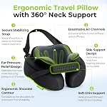 AUVON Travel Neck Pillow for Airplane with Seat Straps to Secure Head & Neck for Relaxing Sleep on Long Flights, Ear-Friendly Design, Supportive Memory Foam Neck Pillow, Breathable Fabric, Carry Case