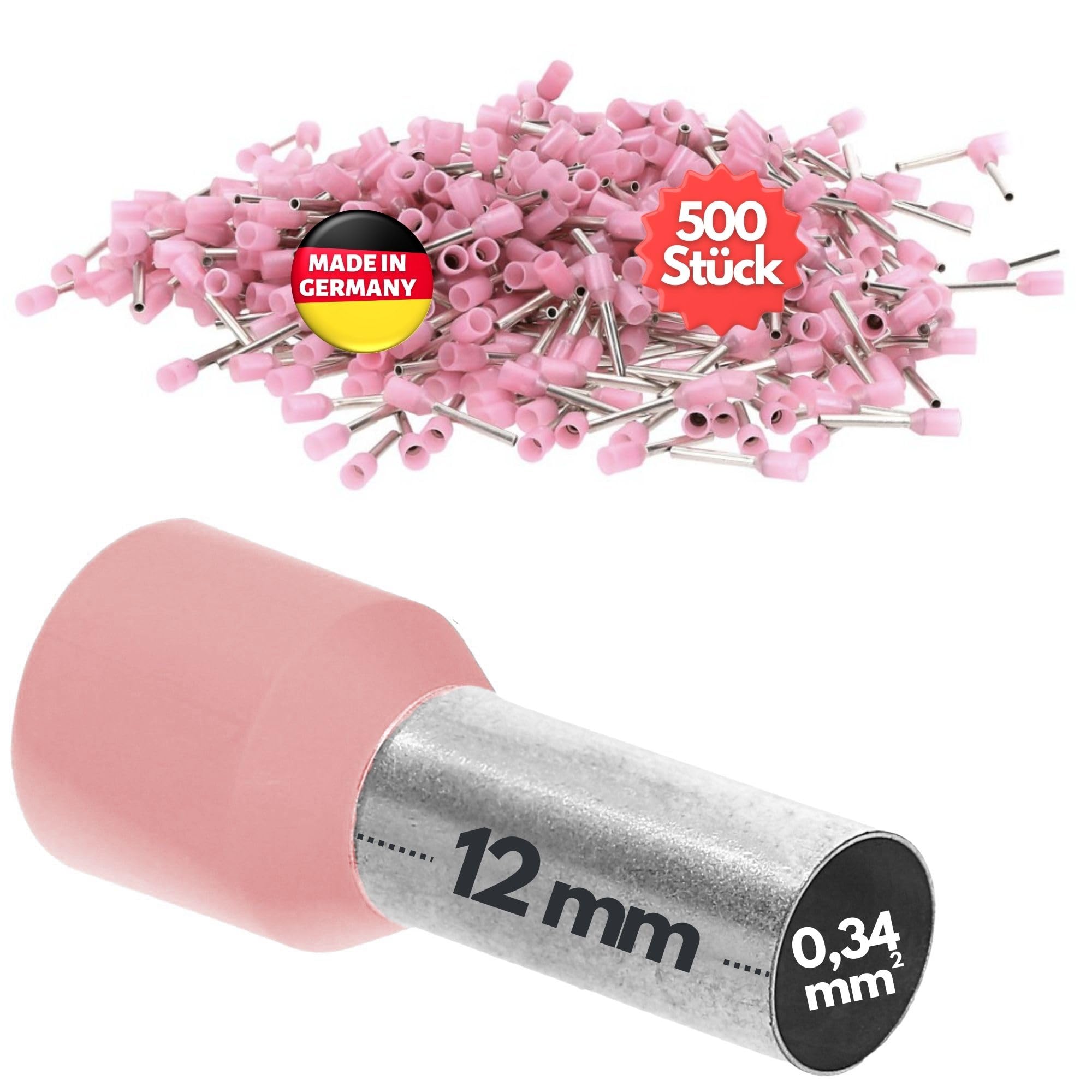 Kalitec 500 Terminali Isolati 0,34 mm² - Manicotti Rosa 12 mm Made in