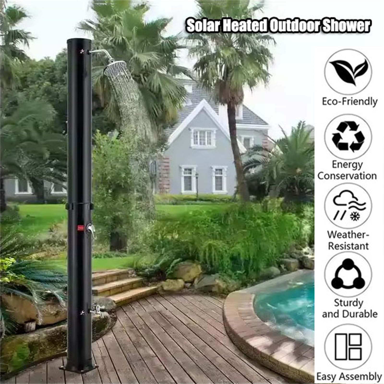 Douche solaire chauffante d'extérieur de 2,1 m pour piscine, arrière-cour et plage – Colonne de douche facile à installer avec robinet de tête et de pied, idéale pour une utilisation au spa et à la