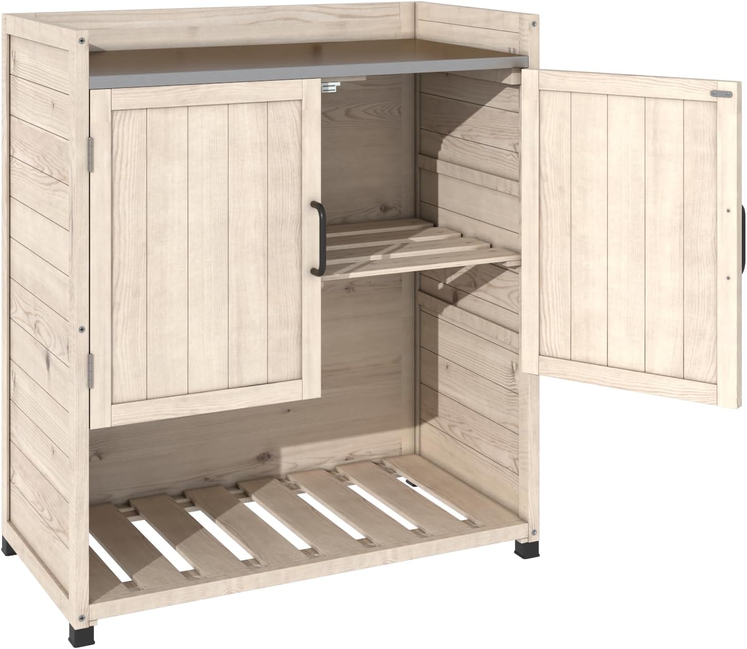 AECOJOY Outdoor Storage Cabinet&Potting Bench Table, Garden Wooden Work Bench with Adjustable Shelf, Patio Tool Work Station Planting Table with Metal Tabletop, Beige