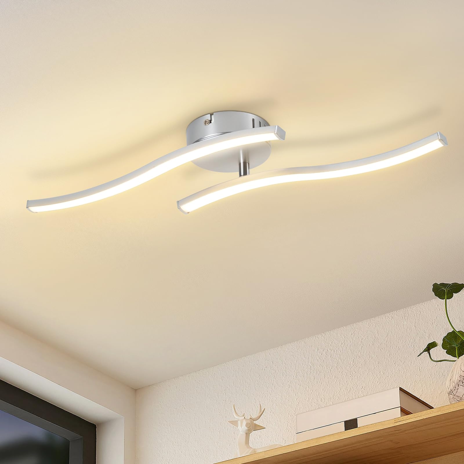Homefire Deckenlampe LED Küche Deckenleuchte: Modern Küchenlampe Silber 12W Flurlampe 3000K Warmweiß Wellen Design Schlafzimmerlampe Innen Deckenbeleuchtung für Wohnzimmer Schlafzimmer Flur Büro
