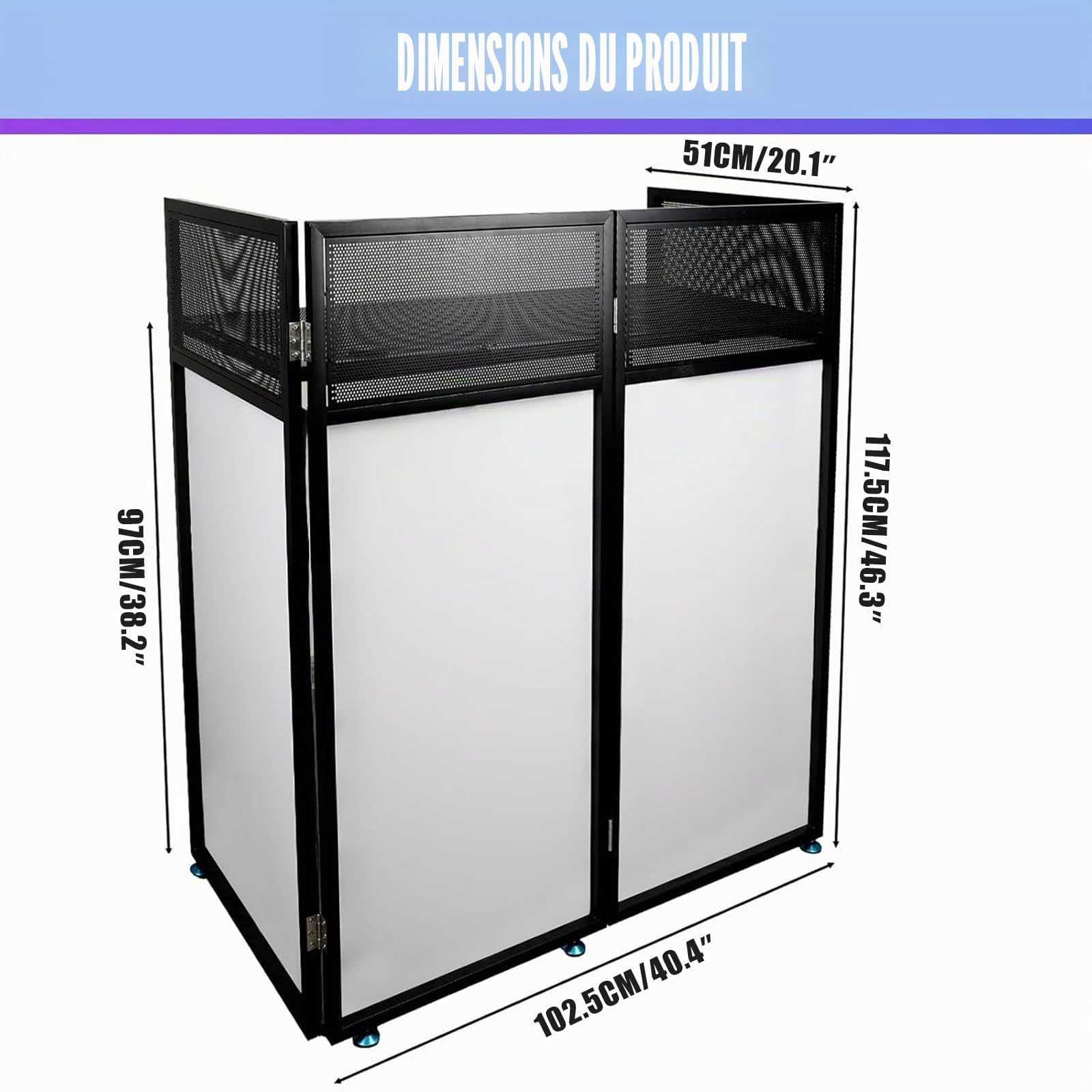 Cabine de DJ portable 108 x 53,5 x 118 cm - Façade de DJ avec cadre noir et blanc - Cadre en métal noir - Console de DJ pliable en hauteur pour événements, fêtes, mariages