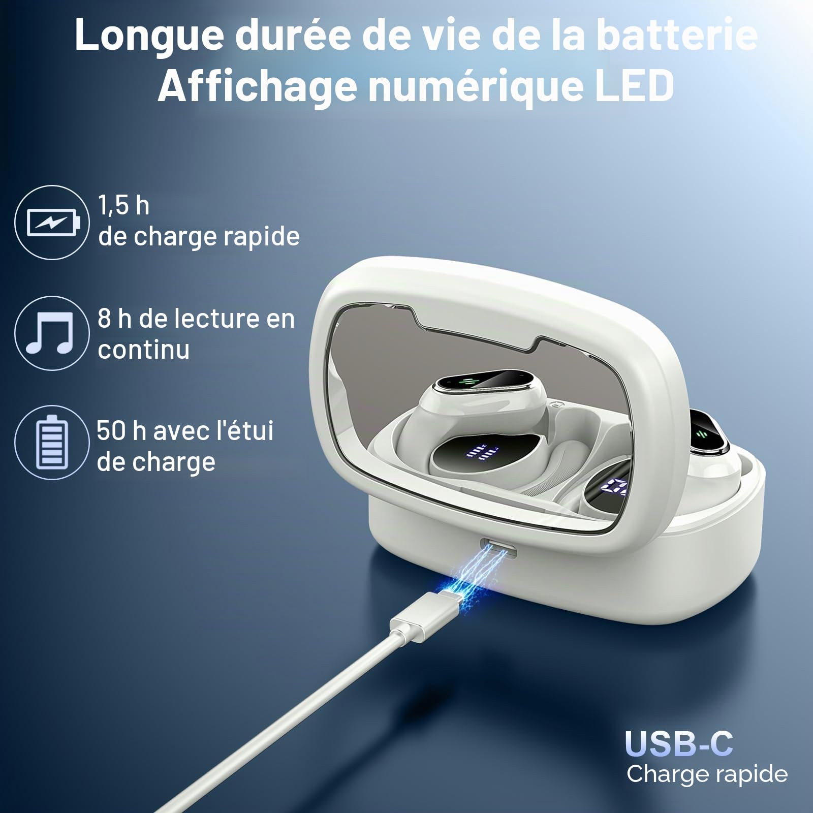 Ecouteurs Bluetooth sans Fil Sport, Oreillette Bluetooth 5.3 sans Fil avec 4 Enc Mic, Ip7 Étanche Casque avec Crochets d'oreille, 50H Écouteurs avec Écran LED, Earbuds HiFi Stereo, USB C