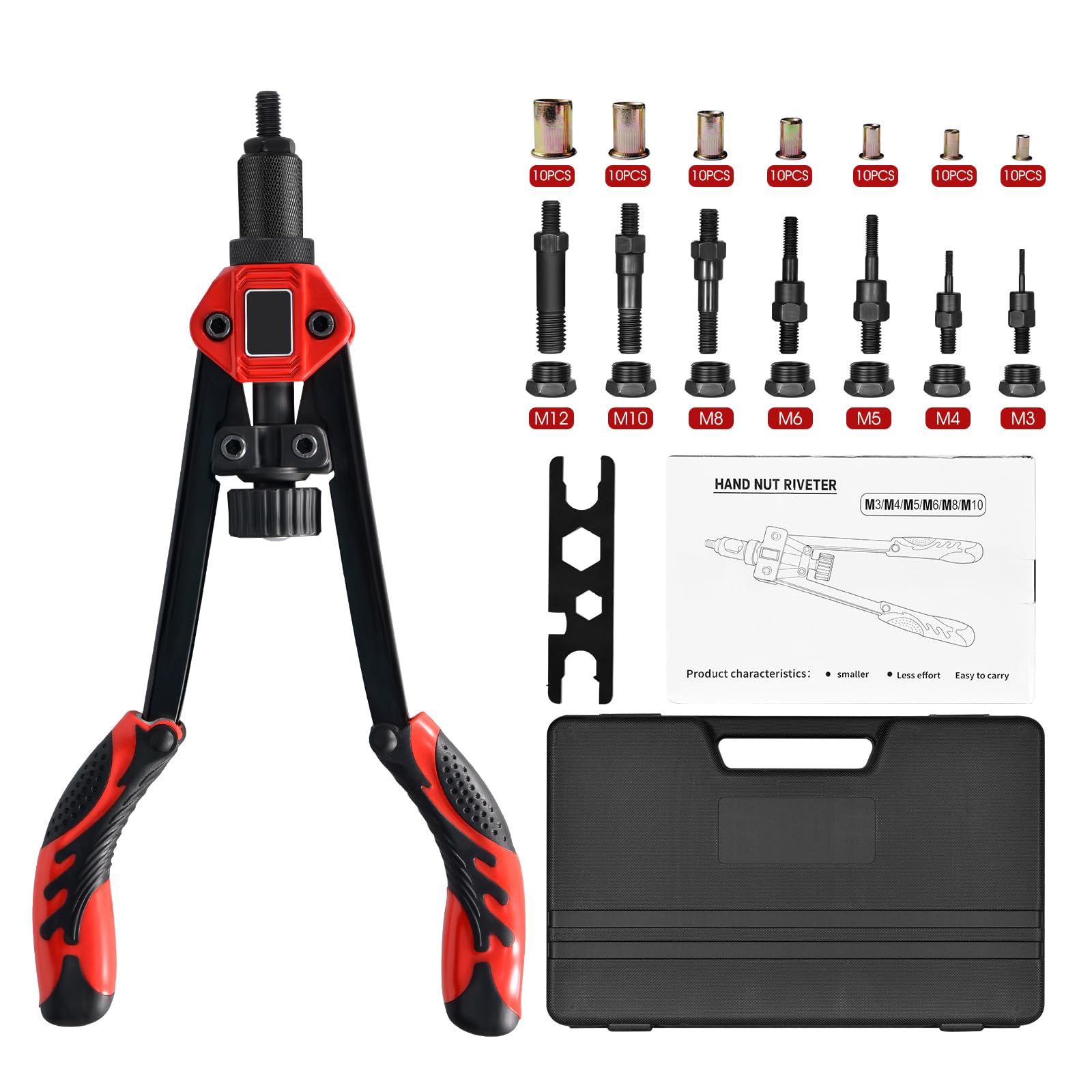 H HOLDPEAK Pince a Insert Fileté, 13" Pince a écrous à rivets, Kit Professionnel Outil à Riveter avec 70 écrous et 7 Mandrins M3-M12 facile à remplacer, Pince a Rivet Fileté avec étui de transport