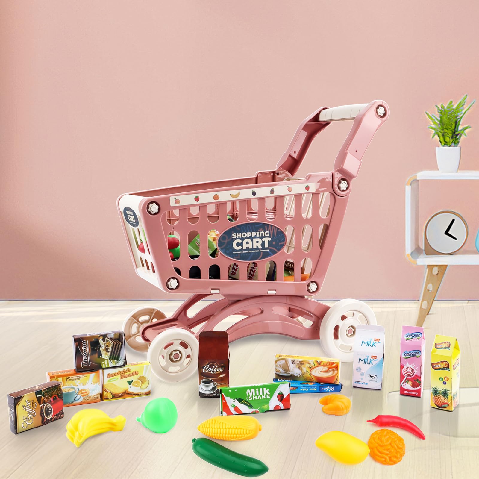 deAO Einkaufswagen für Kinder, Supermarkt Einkaufswagen Spielzeug (Rot) | Mit 48 Lebensmittel Obst Gemüse, Lebensmittel Rolle Spielen Pädagogisches Spielzeug, Kaufmannsladen Spiele für Jungen Mädchen