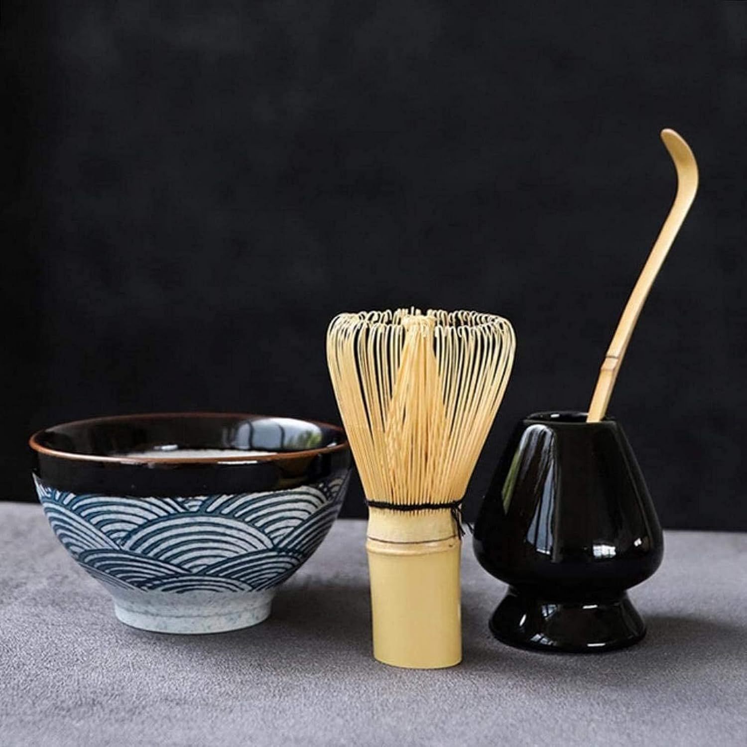 Matcha Bowl Japanese Matcha Tea Set Ceramic Matcha Sets Natural Bamboo Matcha Whisk Ceremic Matcha Bowl Holder Japanese Tea Sets,Black (Blue)