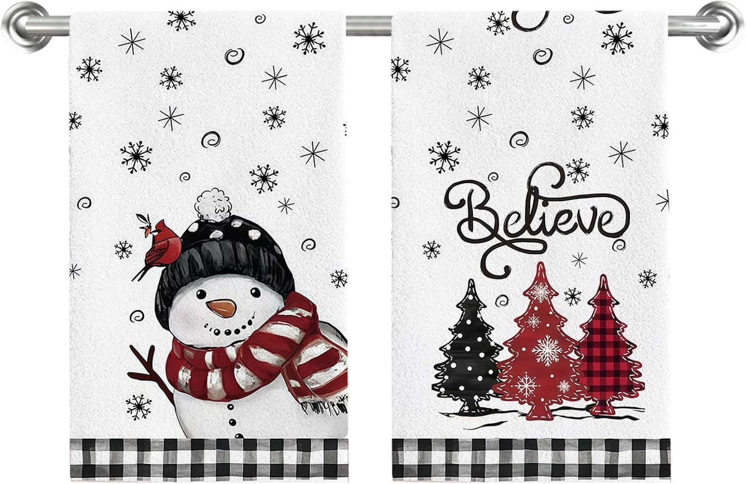 Black Red Xmas Tree Snowman Christmas Kitchen Towels Dish Towels Set of 2,Snowman Bird Believe Hand Towels 18x26 Inch Drying Dishcloth,Seasonal Winter Dish Towels for Kitchen Bathroom Home Decoration