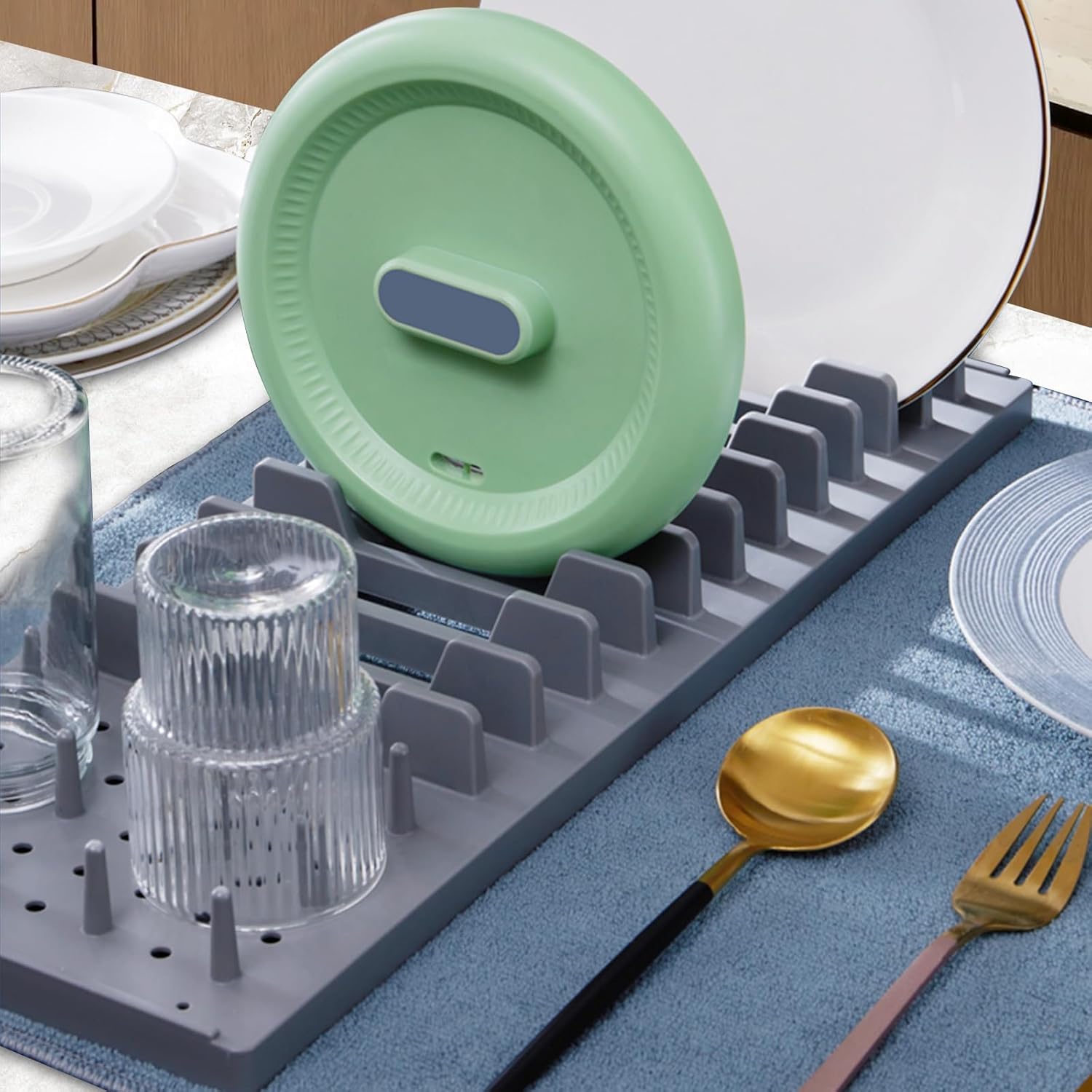 2 in 1 Dish Drying Rack for Kitchen Counter with Matt Over The Sink, 18"*19", Grey