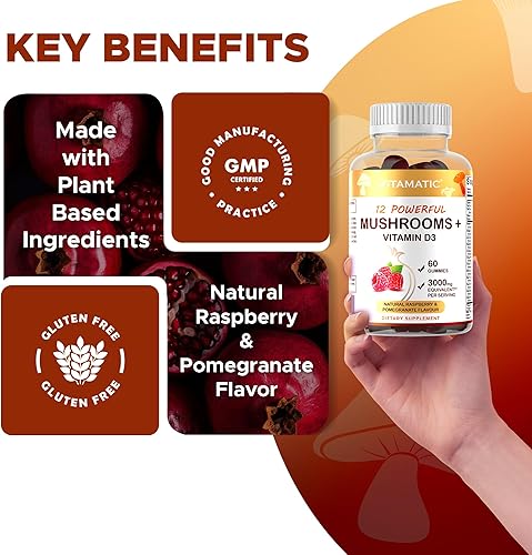 Miniatura 5 de Vitamatic Complejo de hongos con D3, 60 gomitas a base de pectina, equivalente de 3000 mg por porción, (paquete de 2)