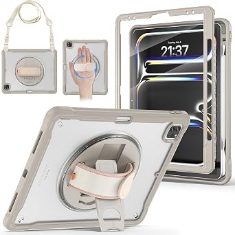 BRAECNstock case for iPad Air 13 Inch M4 2026/ M3 2025/ M2 2024 & Pro 12.9 inch 6th/5th/4th/3rd Generation 2022-2018 Cover with Screen Protector,Pencil Holder,360Rotate Stand-Khaki