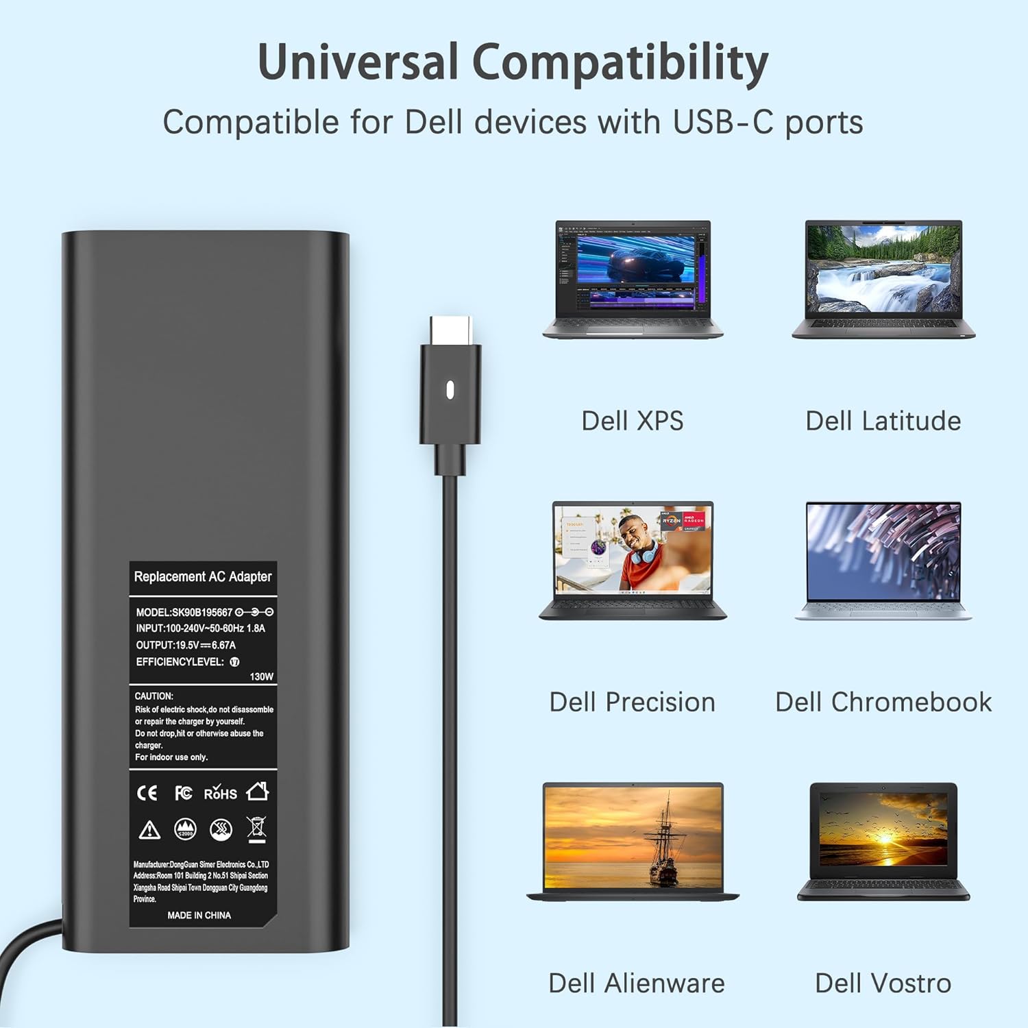 130W USB C Laptop Charger Compatible with Dell 90W 65W XPS 15 16 17 9500 9510 9520 9530 9575 2-in-1 9640 9710 9720 9730, Precision 3470 3480 3540 3570 3580 5480 5550 5560, Latitude Power Adapter