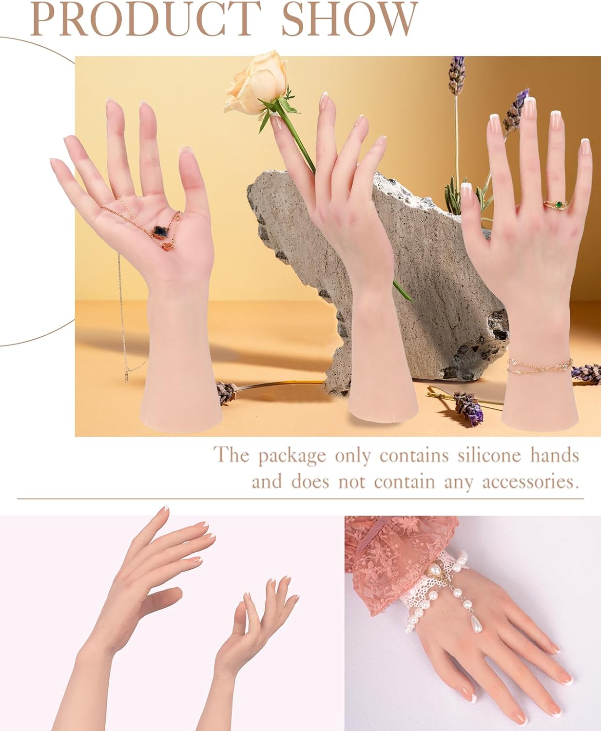 KUMIHO Realistic Silicone Female Hand Model Fake Hand for Jewelry Display Tattoo Training Practice Art Sketch with Nails, Left Hand - with Skeleton, Brown