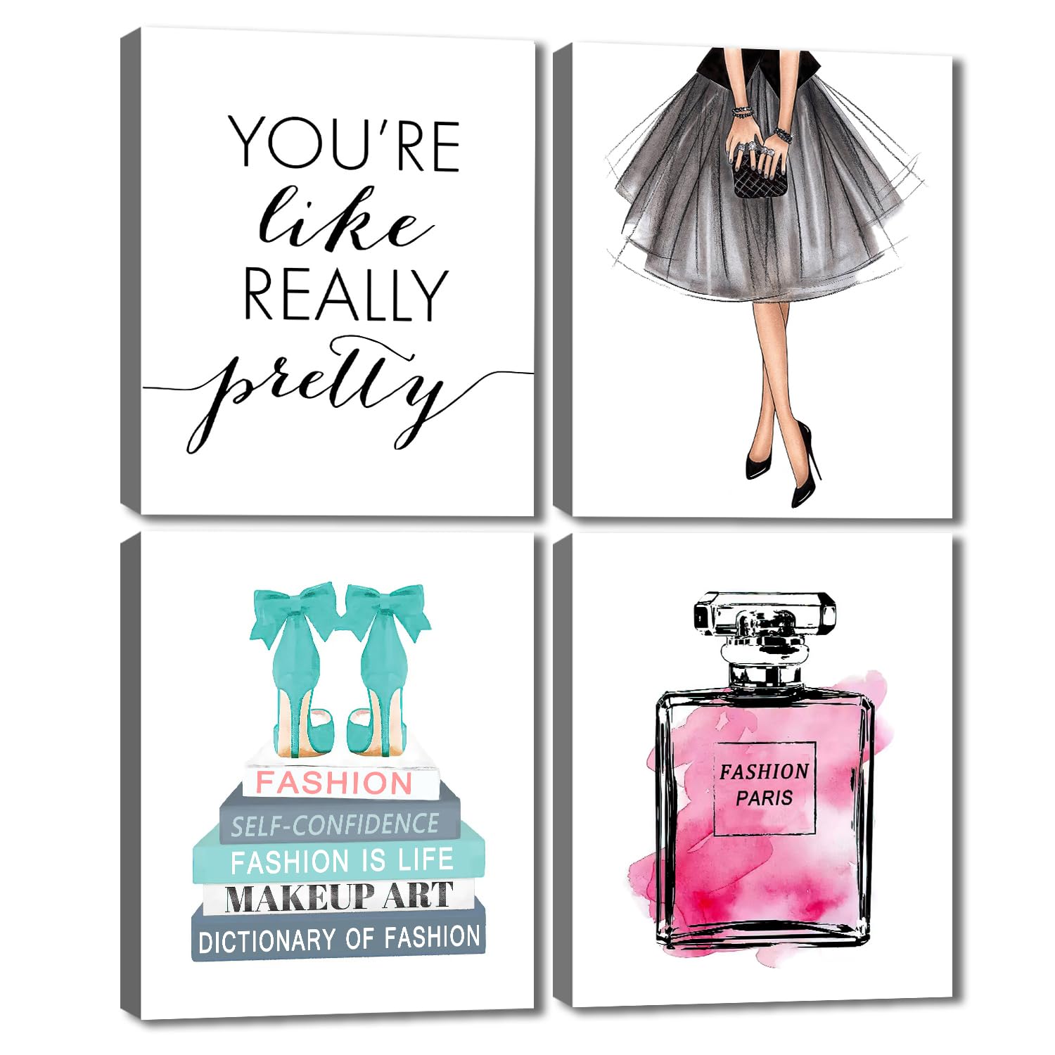 Fashion Painting Canvas Wall Art - 4 Panels Framed Canvas Prints Posters Makeup Perfume High Heel Pictures for Office Home Decorative Gril Women Bedroom Living Rom Wall Decor Ready to Hang 8x10inch