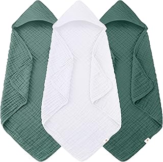 Sunny zzzZZ Muslin Hooded Baby Bath Towels - 3 Pack 100% Cotton Soft Low-Saturation Pastel Towels Including Classic White for Newborns, Infants, Toddlers - 32x32 Inch - Deep Emerald and White