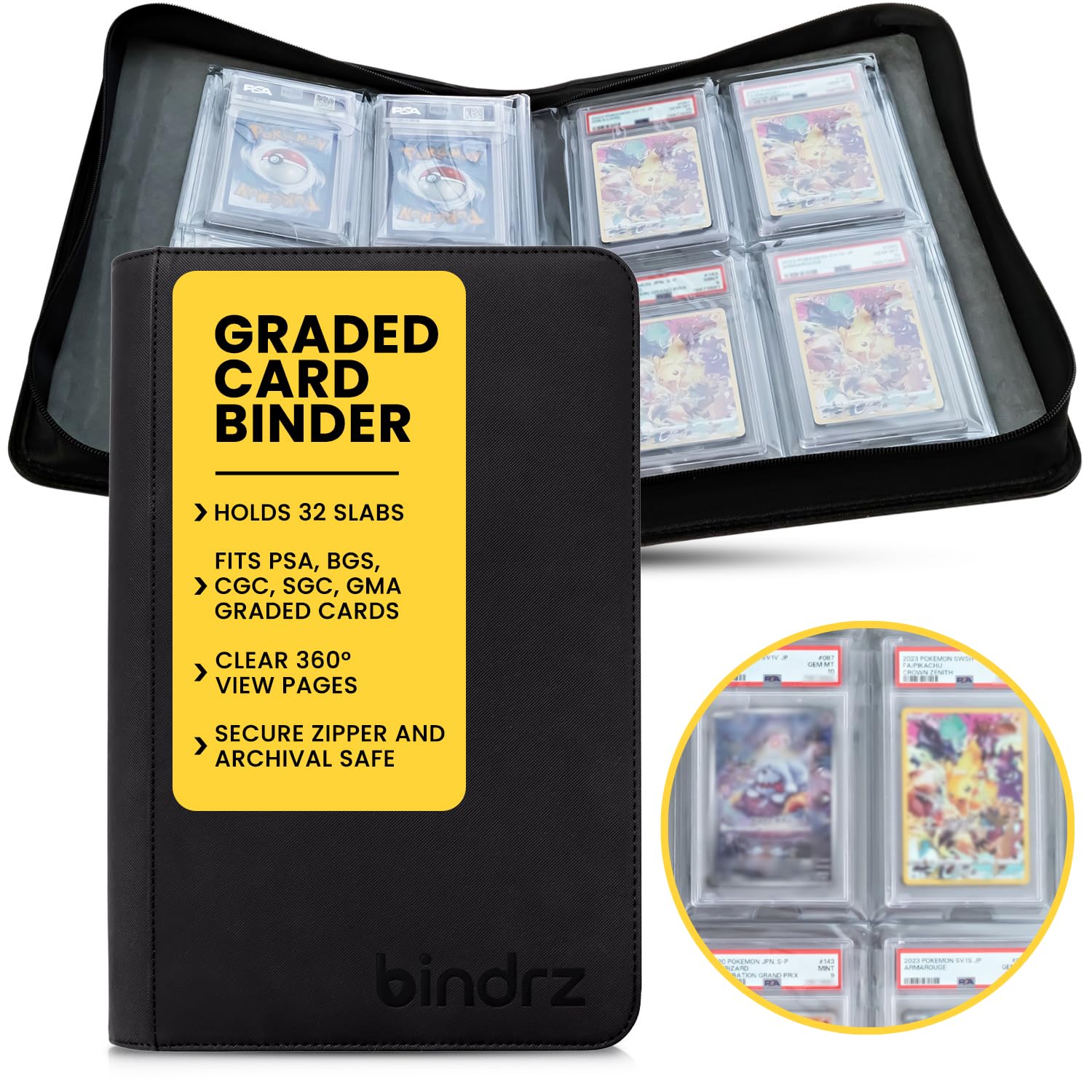 bindrz 4 Pocket Graded Card Binder – Holds 32 Slabs - Archival Safe Zipper Album Storage Compatible with PSA, BGS, CGC, SGC, TAG and AGS Slab (Black)