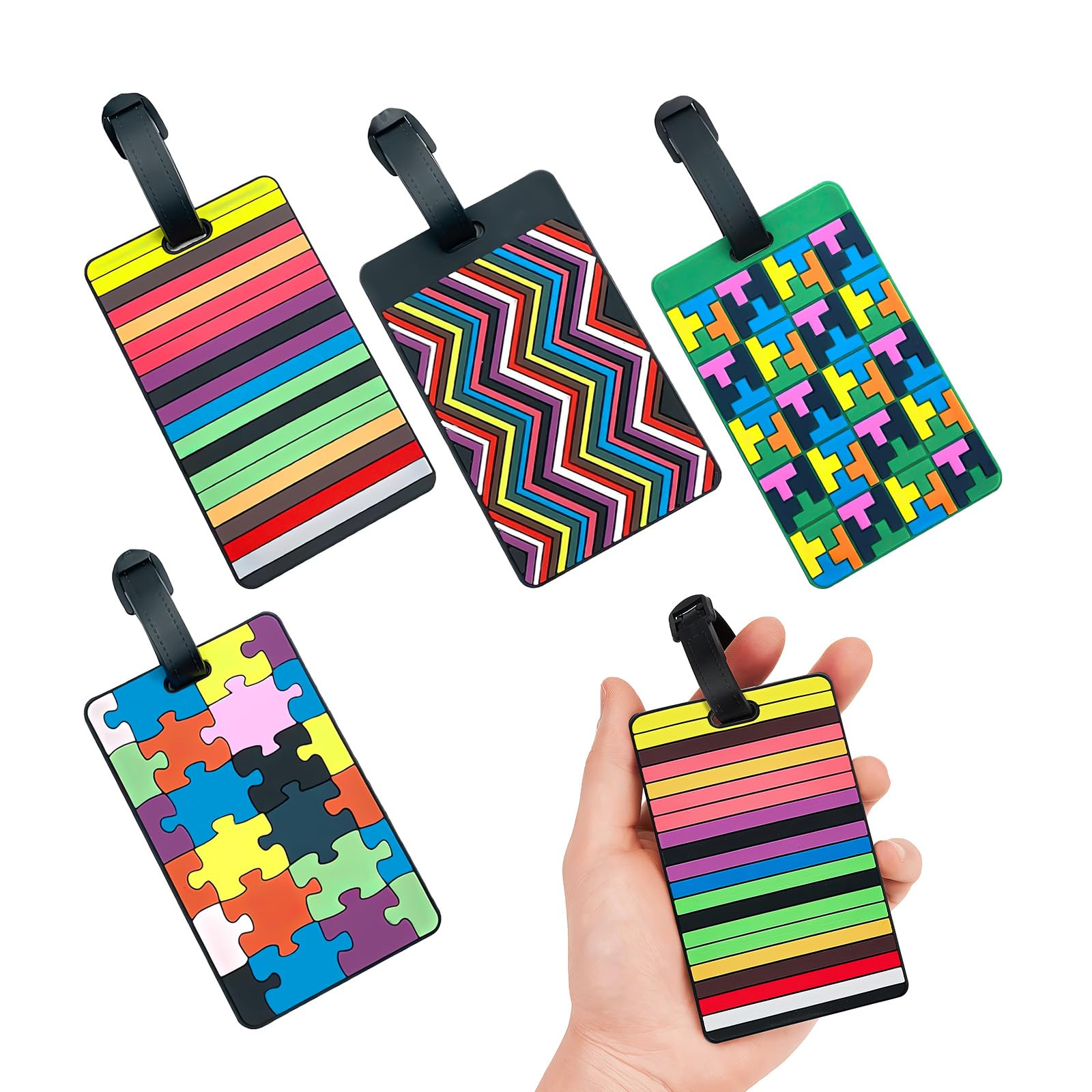 Zestaw 5 geometrycznych etykiet bagażowych - fale, paski i puzzle – ekologiczne wzornictwo 3D do walizek