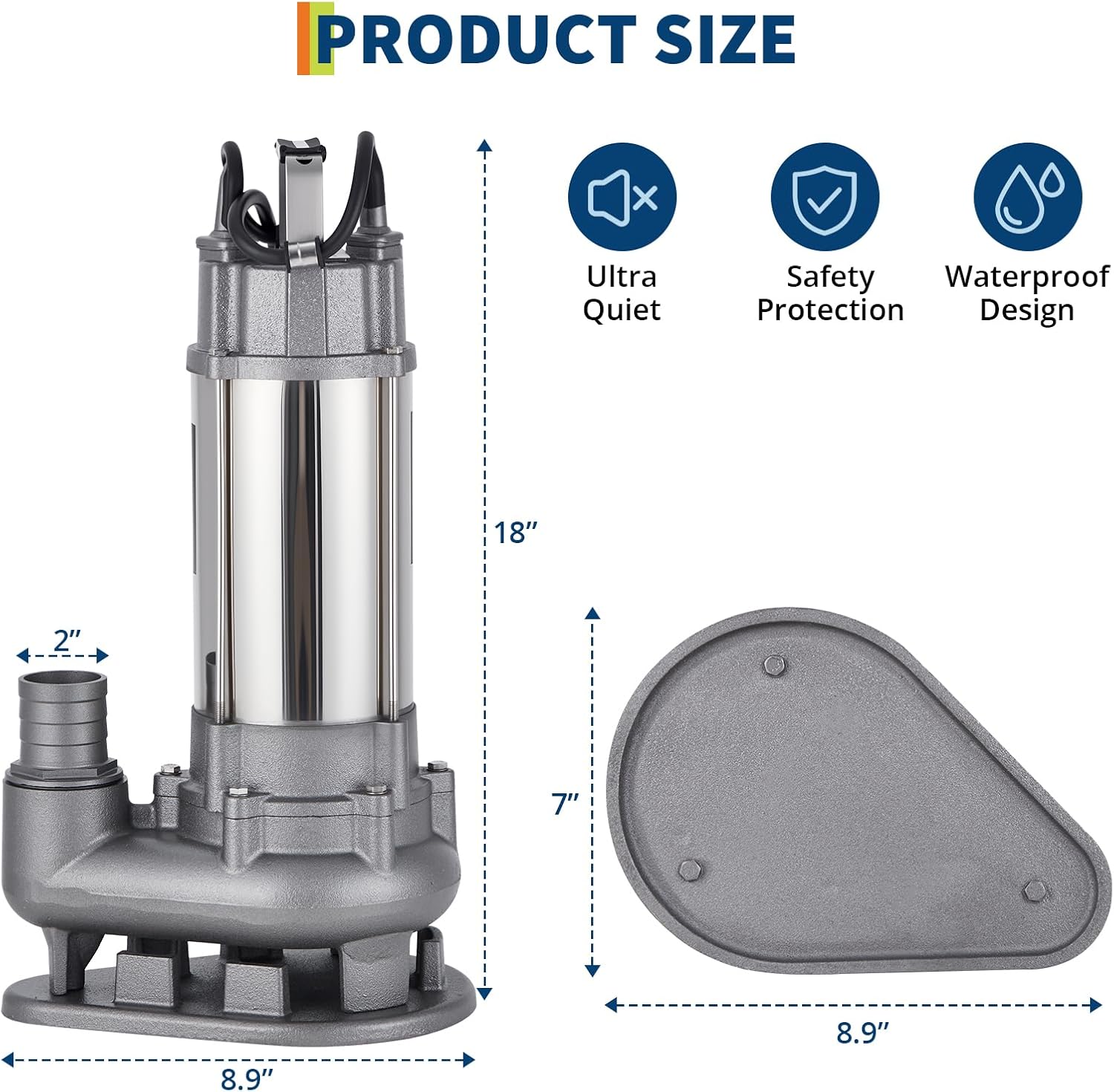 1 HP 5280 GPH Stainless Steel Submersible Sewage Pump, 50ft Max Head 110V Automatic Effluent Pump with Float Switch for Basement, Sump Basin, Wastewater Drainage