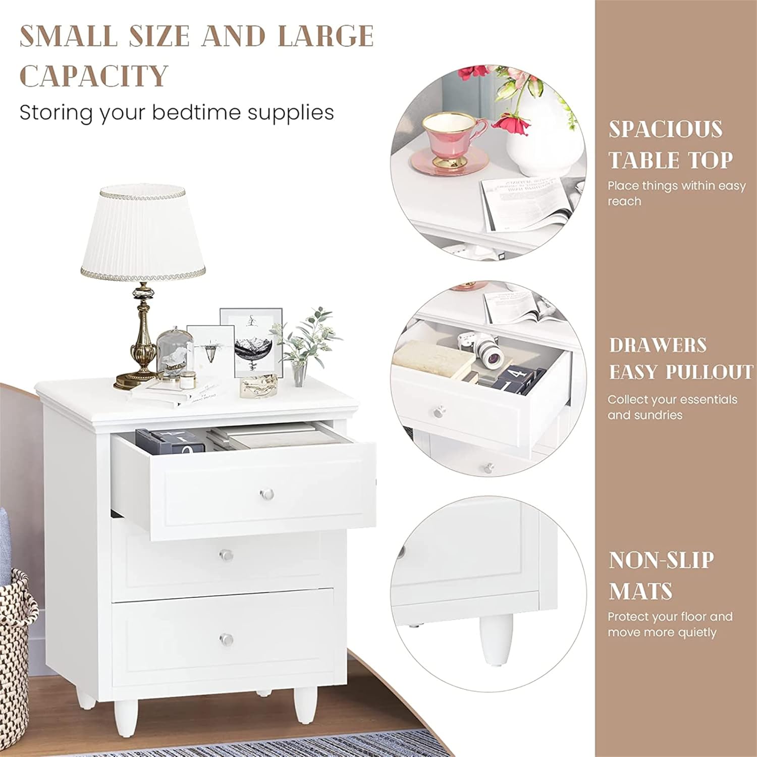 3-Drawer Nightstand, White Bedside Table Cabinet Side Table Bedroom End Table with Wooden Legs and Metal Handle for Living Room, Office, Entryway, Bedroom Furniture
