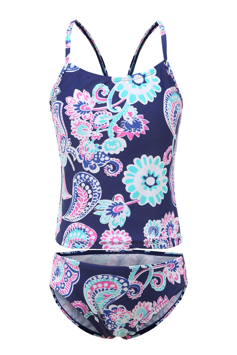 Big Girls Swimming Costume Two Piece Tankini Swimsuit Floral Swimwear Purple 8-9/Age 9-10 Years