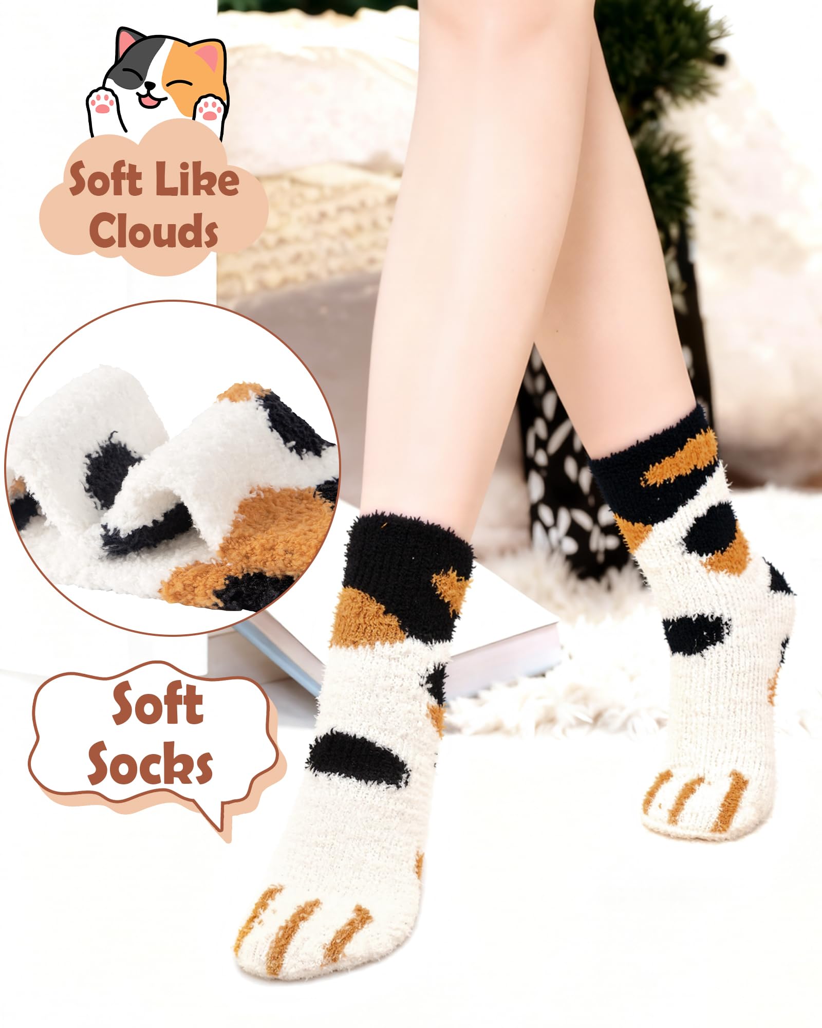 6 Pairs Womens Fuzzy Socks Winter Warm Soft Cozy Fluffy Microfiber House Sleeping Slipper Socks Christmas Gifts: A1-cat Socks