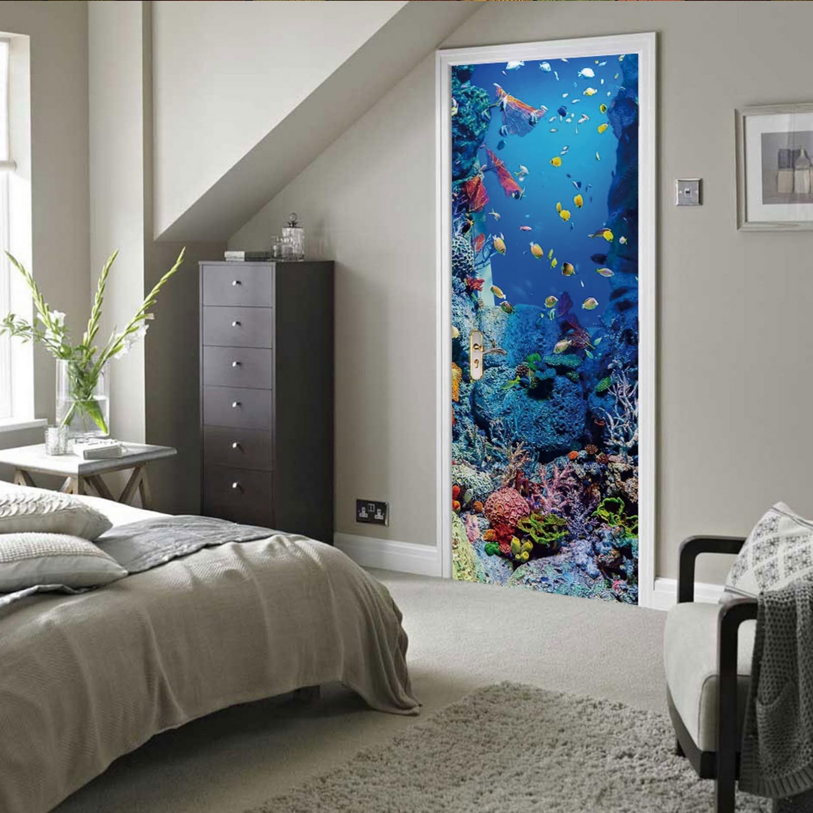 A.Monamour Adesivo Porta Autoadesiva 3D Barriera Corallina Di Pesci Sottomarini Sotto Il Tema Nautico Del Mare Vinile PVC Adesivi per Porte Interne Pellicola Adesiva Poster Murale Parete 85x200cm