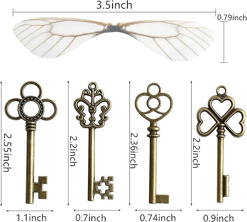 Miniatura 2 de Llaves de esqueleto grandes vintage, dijes encantados voladores con 40 pares de alas de libélula 40 piezas grandes de 100 pies de cadena elástica de
