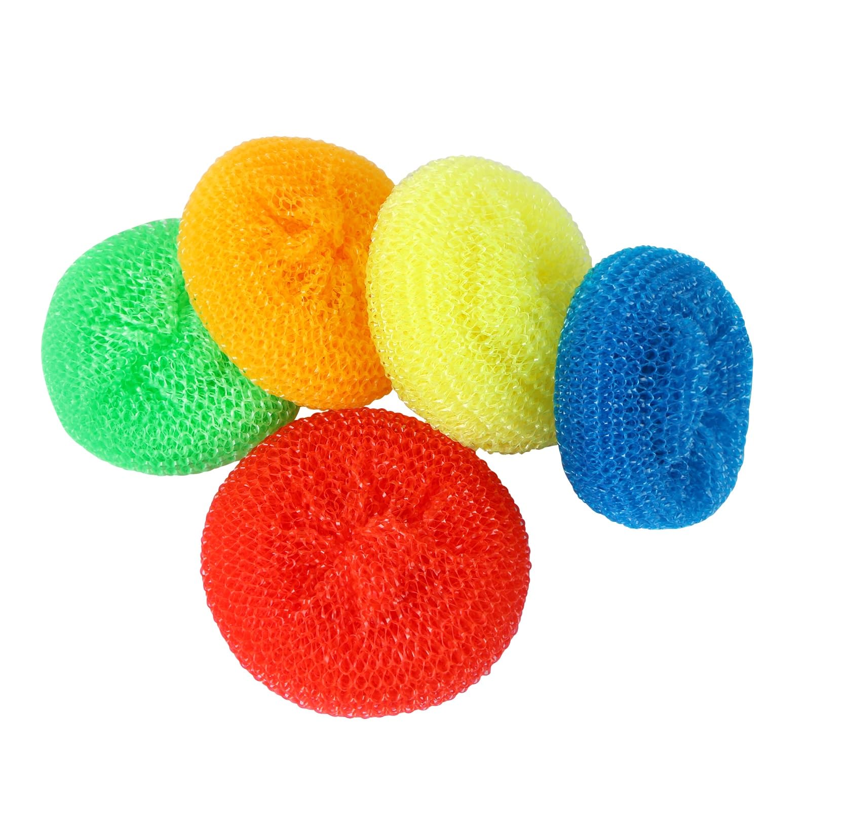 MIDELONG Plastic Dish Scrubbers for Dishes Plastic Pot Round Scrubber Scouring Non Scratch Dish Scourers, Assorted Colors Poly Mesh Scouring Dish Brush Pads for Kitchen Cleaning, 5 Pcs
