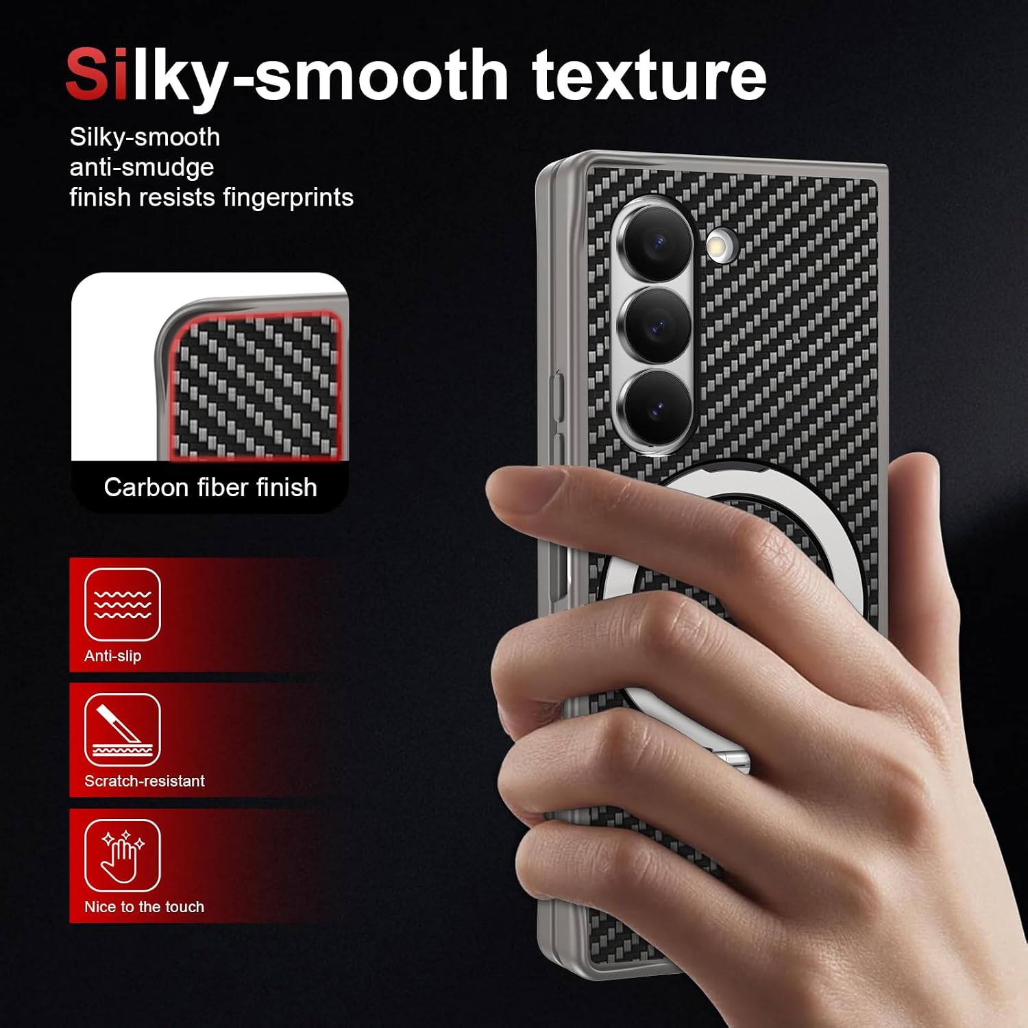 Magnetic for Samsung Galaxy Z Fold 6 Case with Ring Stand,Carbon Fiber Texture, Military Grade Protection,Lightweight,Slim Fit Drop Protection Rugged Shockproof Cover Grey 30-Fold6-02