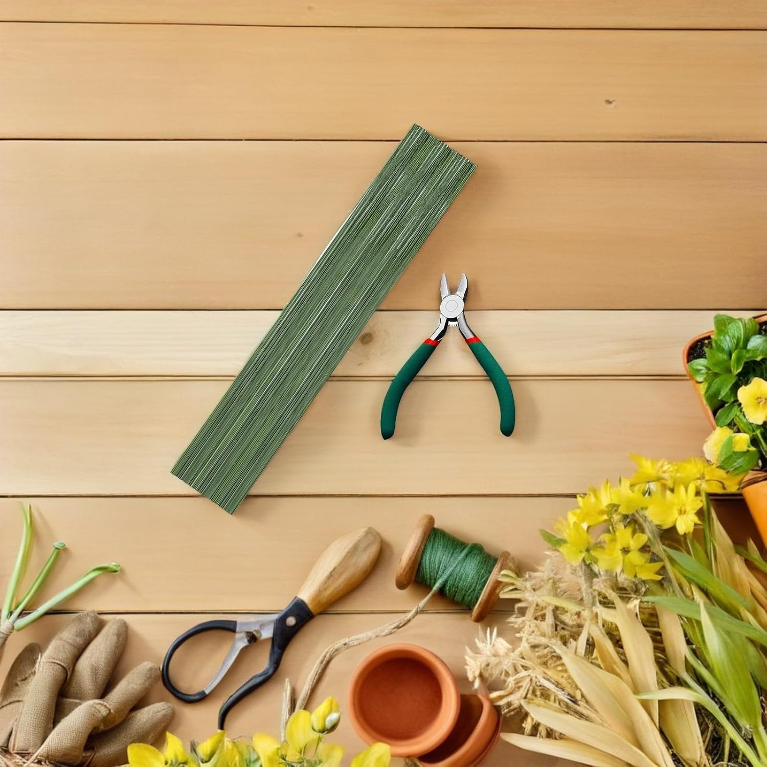 Floral Tape and Wire Kit for Artificial Flower Arrangements and Bouquets with Sturdy Metal and Flexible Plastic Materials, Includes Green Floral Wire and Pearl Wrist Corsage Bands