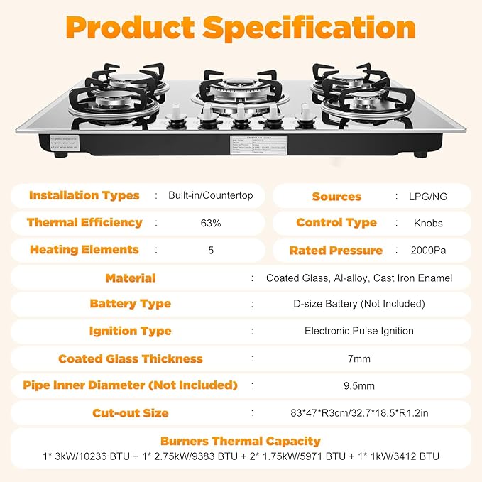 Estufa Vitrocerámica 5 Puestos 30.31x20.08 Pulgadas Empotrable Gas miniatura 5