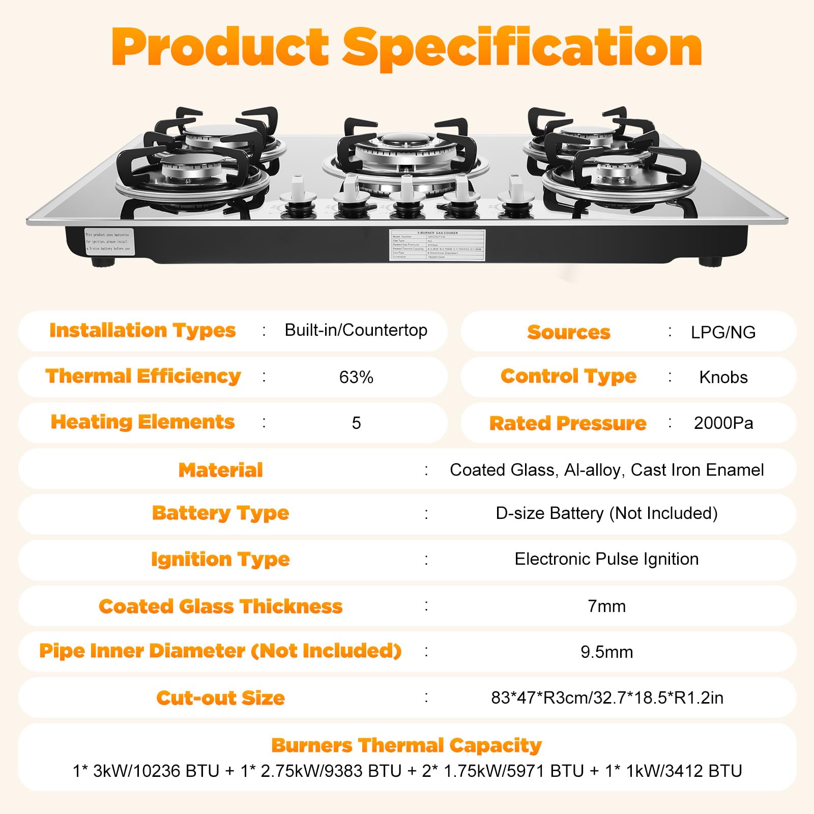 Pattosaey 5 Burners Gas Cooktop, LPG/NG 7mm Coated Glass Stove Top, Built-in/Countertop Stove for Home Kitchen, Electronic Pulse Ignition, 30.5×20.1in, 180° Fire Control