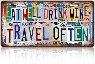 Vintage License Plate Wall Decor Eat Well Drink Wine Travel Often Metal Tin Sign For Bar Home 12 x 6 Inches