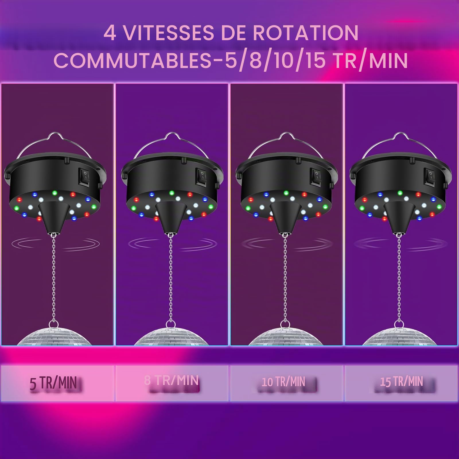 Moteur de rotation de boule à facettes Amélioré Moteur pour boule à facettes réglable 5/8/10/15 tr/min, Supporte la suspension de boules à facettes de 15-38 cm Peut être utilisé pour créer un
