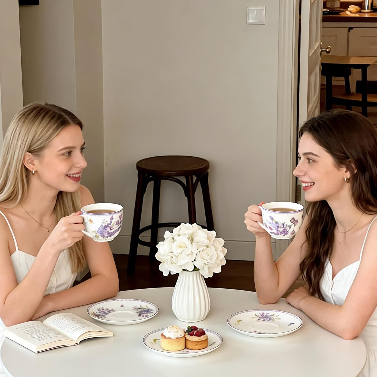 Coffee Mugs Set with Saucer Elegant Purple Wheat Design Ceramic Coffee Cup and Saucer Set, 10oz Wheat Ears Tea Cup Gift for Girls Women Mom Valentine's Day, Mother's Day (Purple Wheat Ears)