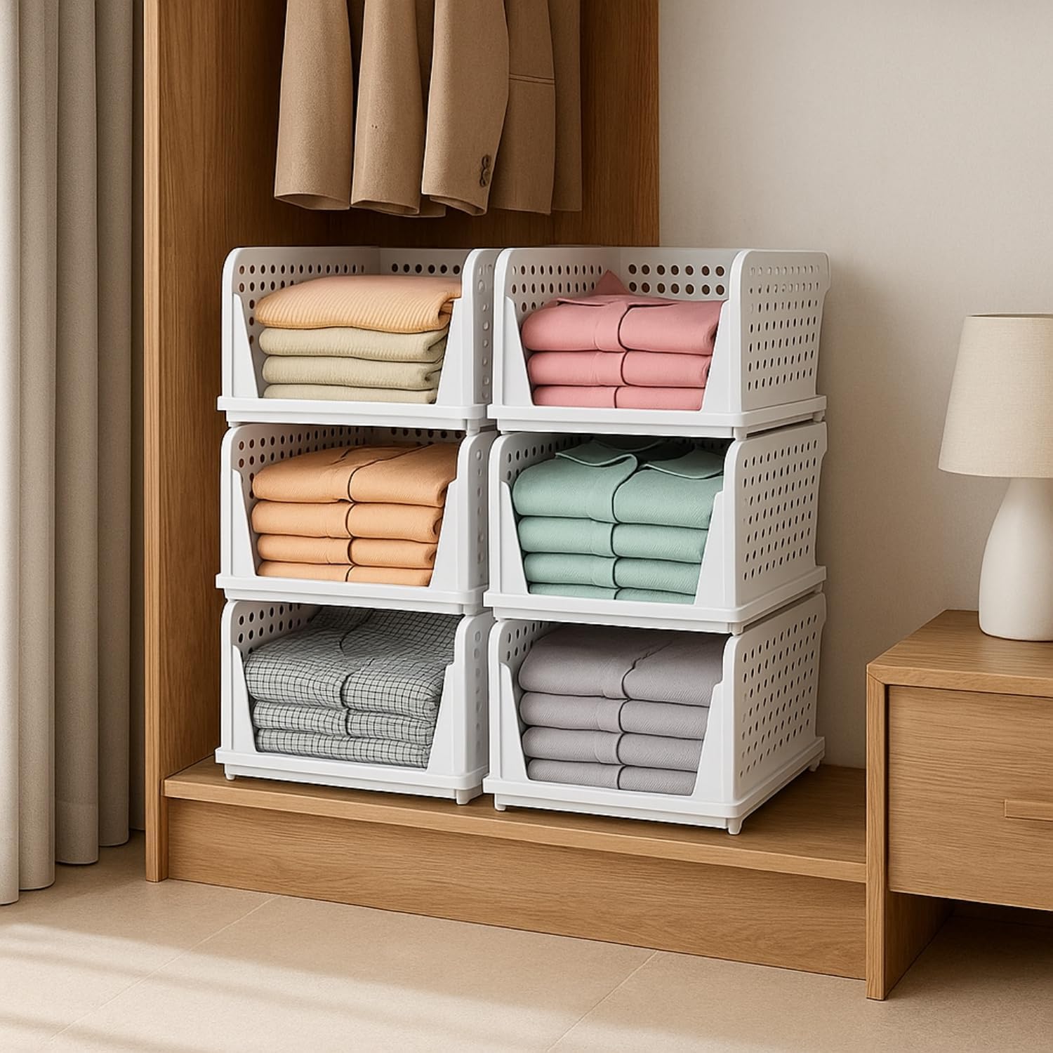 JD FRESH 6 Pieces Stackable Wardrobe Organizer for Storage/Foldable Cupboard Storage for Clothes/Polypropylene Multipurpose Space Organizer Rack/Adjustable Sliding Drawer - White